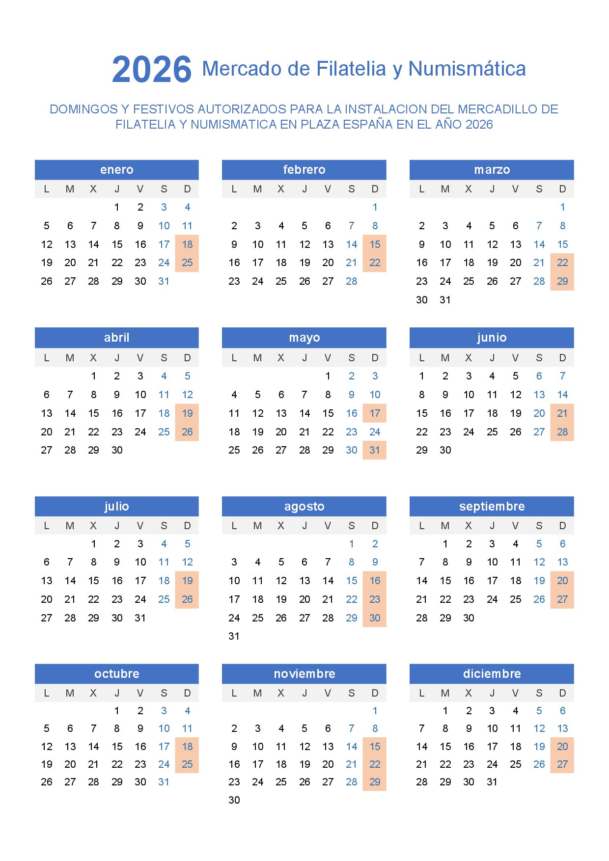 Calendario filatelia 2026